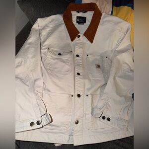 Carhartt Men’s Cream Canvas Jacket with Brown Corduroy Collar